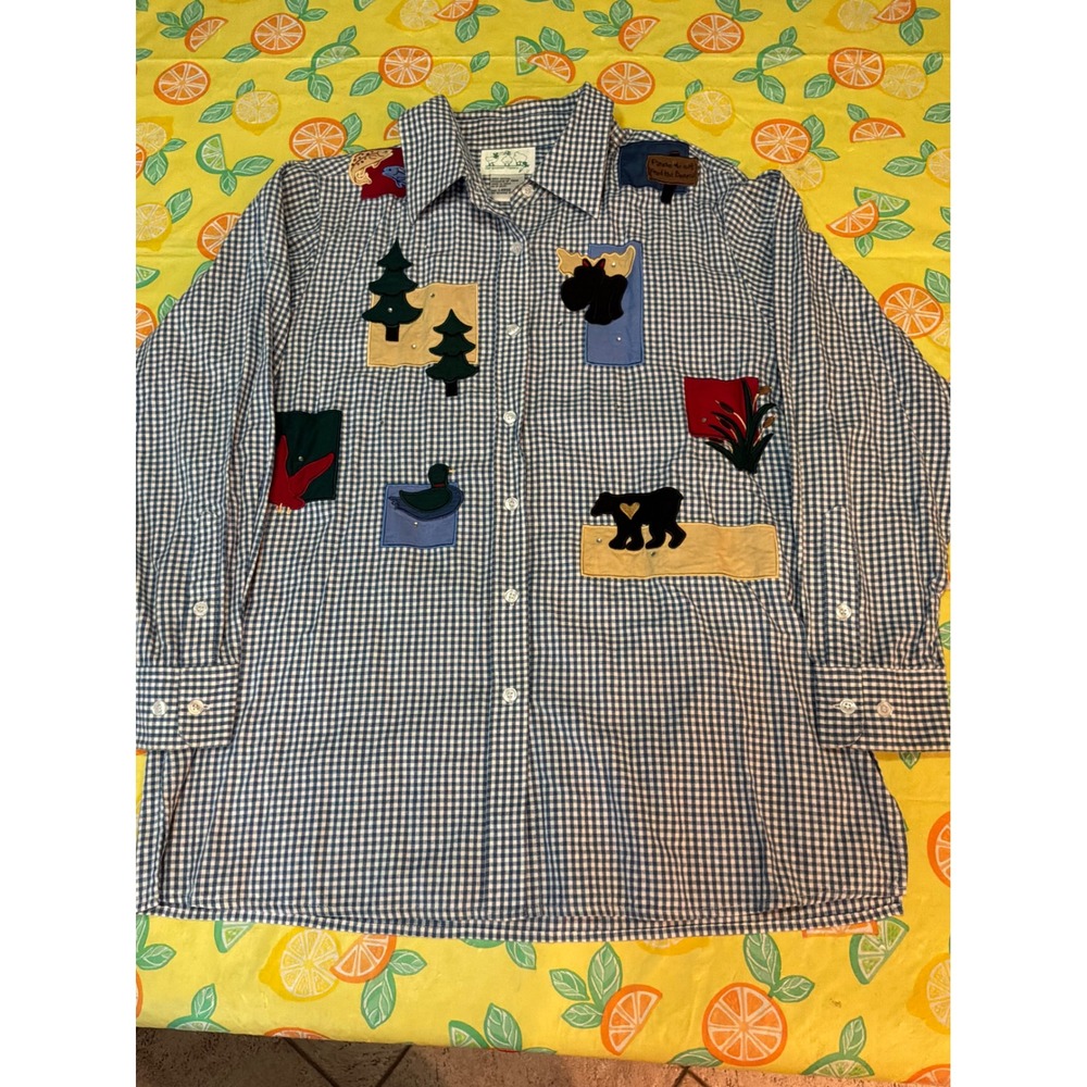 The Quacker Factory Button Down Shirt Womens Large Blue Gingham Nature Appliqué